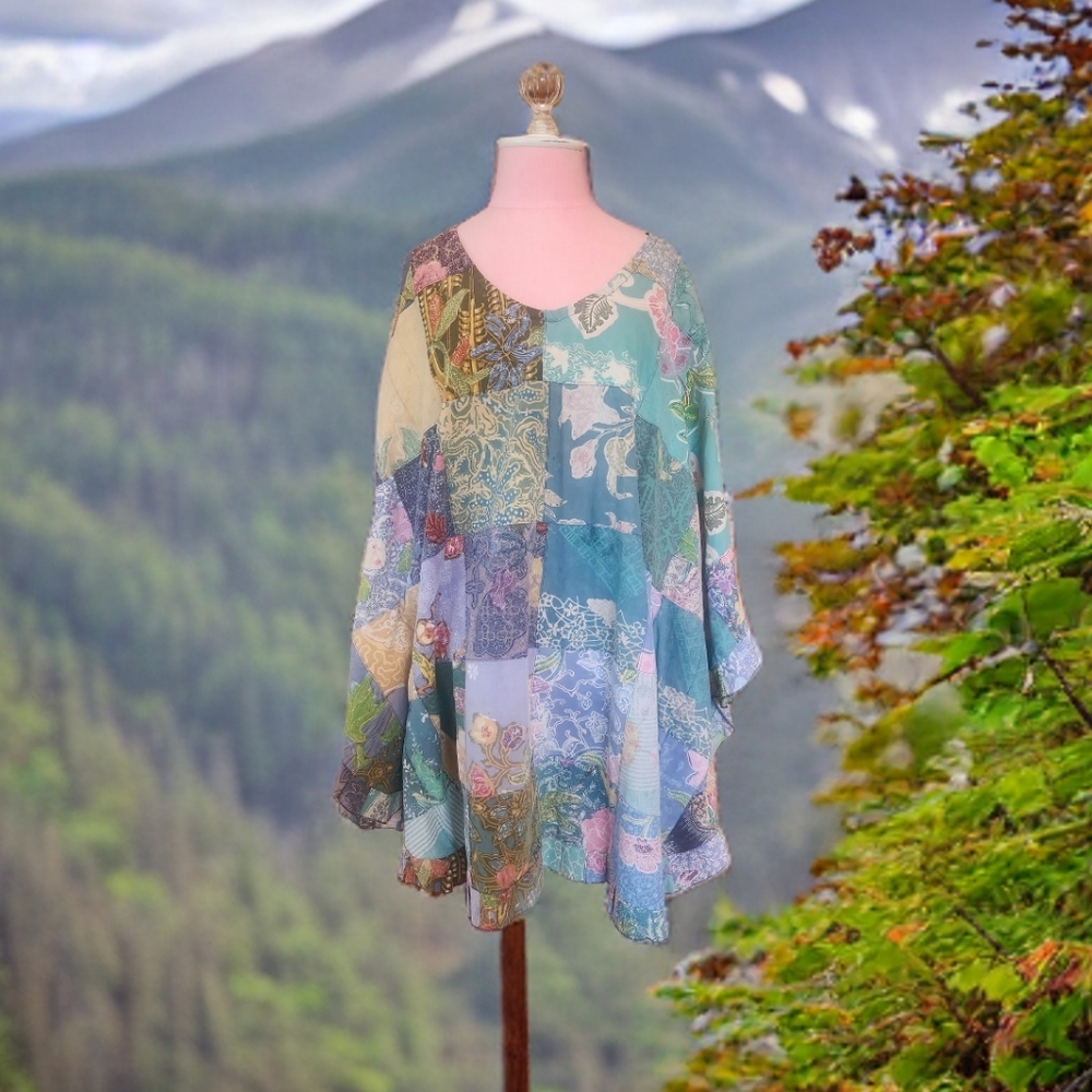 Ruffled Patchwork Poncho, Blue Story